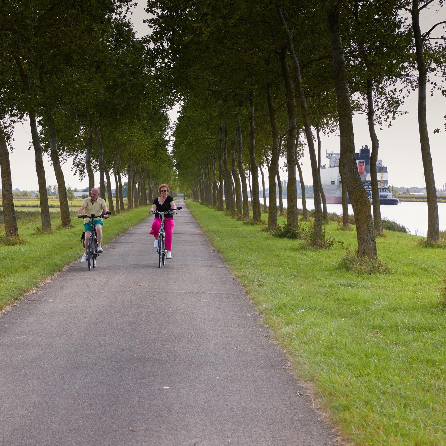 Twee mensen fietsen tussen hoge bomen langs het kanaal met op de achtergrond een groot schip
