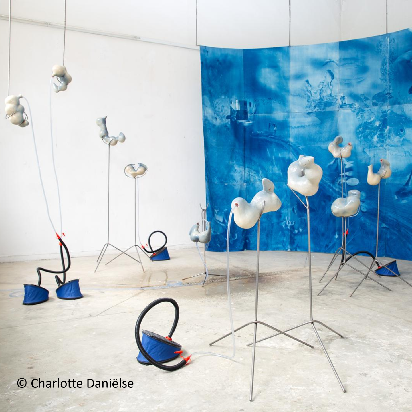 Kunstwerk met vormen op staanders, een blauw doek met waterafbeelding op de achtergrond en luchtpompen verspreid over de grond